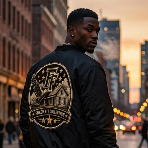 A man standing on a city street at sunset, viewed from behind, wearing a black bomber jacket with a large circular beige graphic patch on the back. The patch includes the text 'FF' and 'FRESH FIT COLLECTION' with stars and an eagle design.